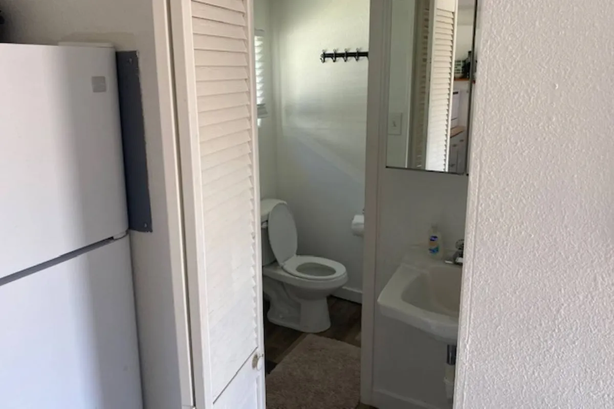 This image shows a cozy, practical interior space with a refrigerator, bathroom door, sink, toilet, and mirror. The scene is anchored by elements that suggest a compact, functional living area designed for daily routines and comfort.